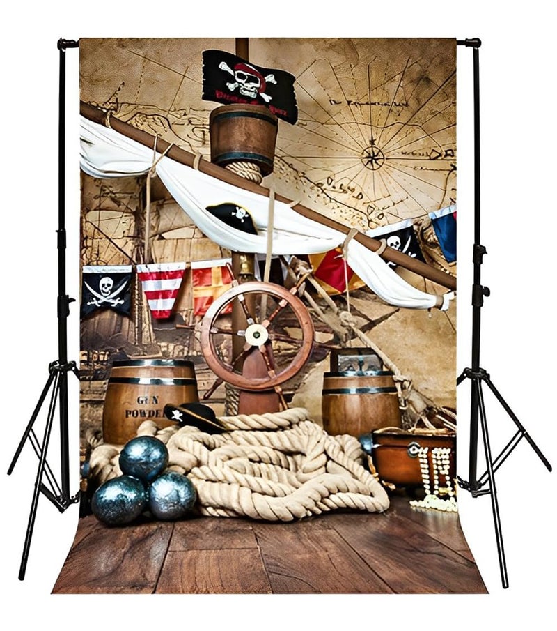 AOFOTO 5x7ft Pirate Ship with Flag Backdrop Vintage Corsair Boat Rudder Treasure Map Photography Background Marine Sailor Nautical Themed Party Decorations Halloween Banner Boy Kids Photo Booth Props - Image 4